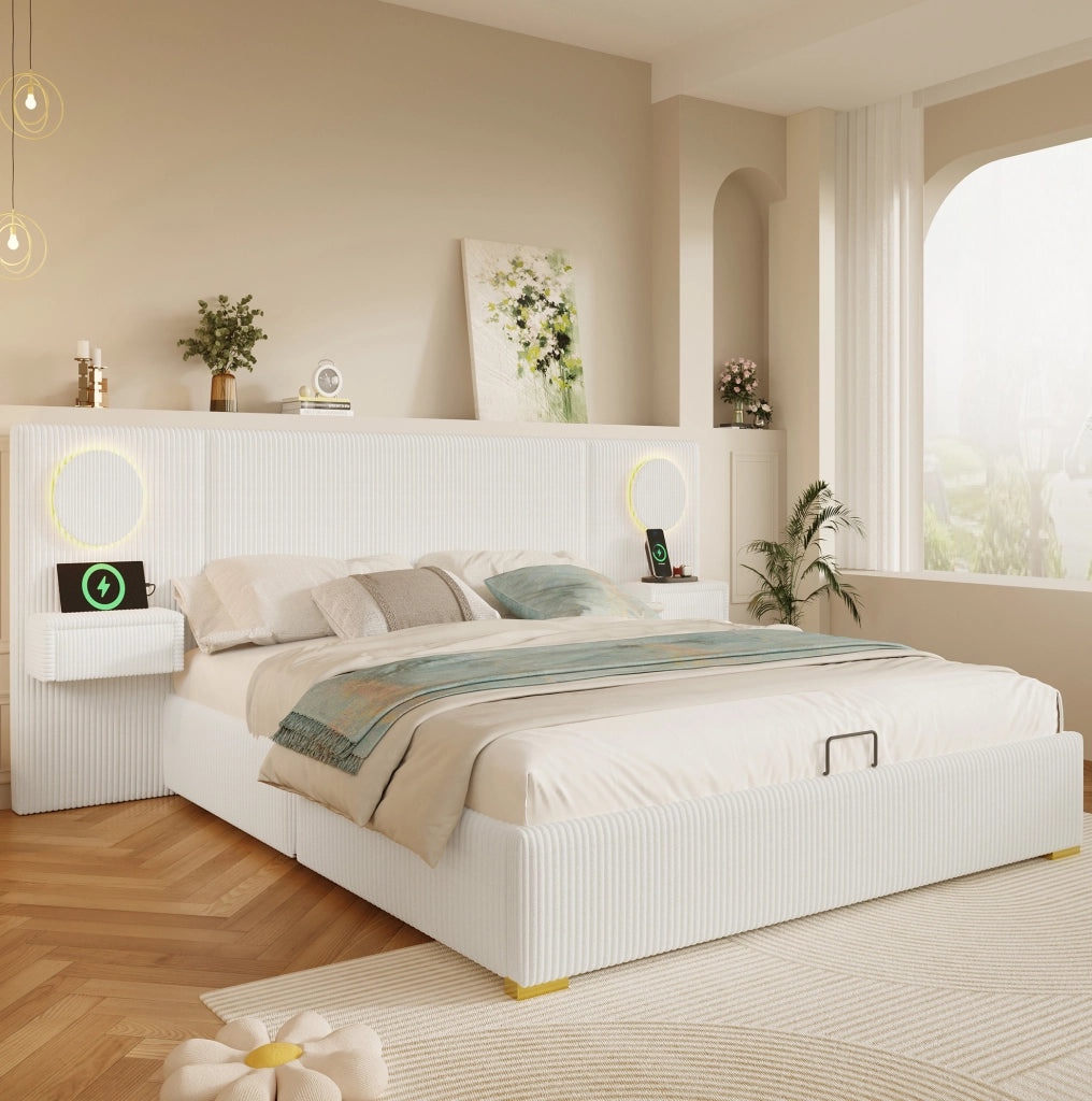 Letto matrimoniale 180x200 cm velluto beige con LED e USB
