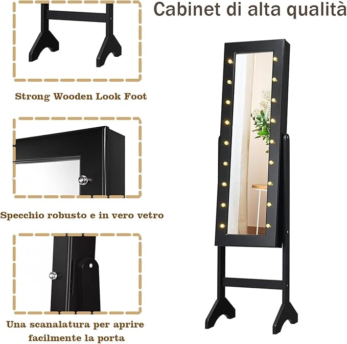 Portagioie Armadietto Specchiera con 18 Luci LED, Specchio a Figura Intera, Organizer per Gioielli Moderno Elegante, 145x35x31,5cm (Nero)