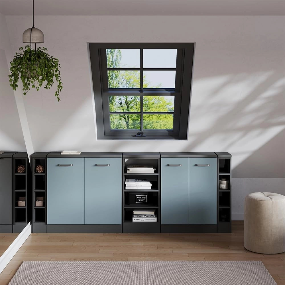 Set di mobili sottotetto Rion, Grigio-blu, 210 cm Set di 5 carcasse armadio profondità 60 cm, adatto per il salvaspazio sotto tetti spioventi