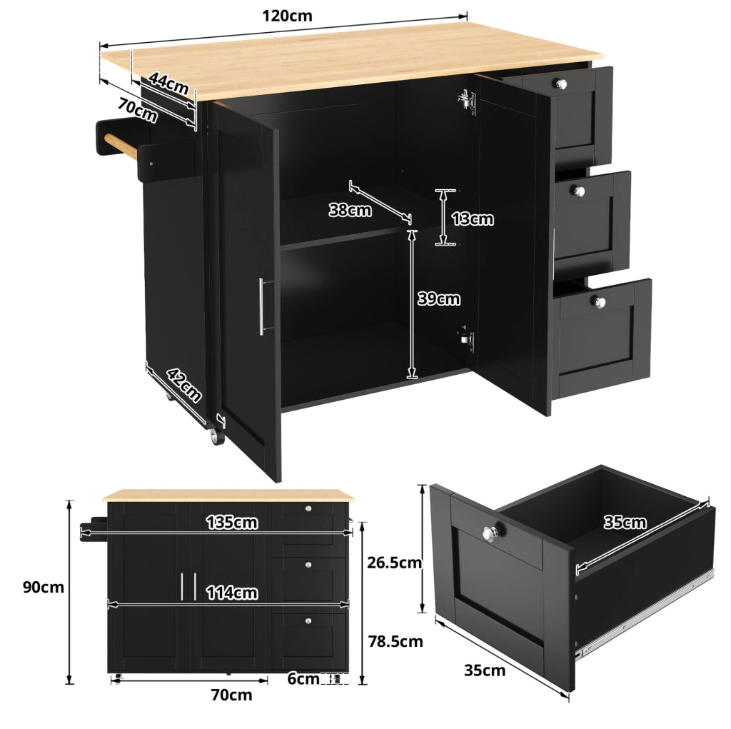 Isola da cucina mobile pieghevole 135x44(70)x90 cm in MDF nero e naturale