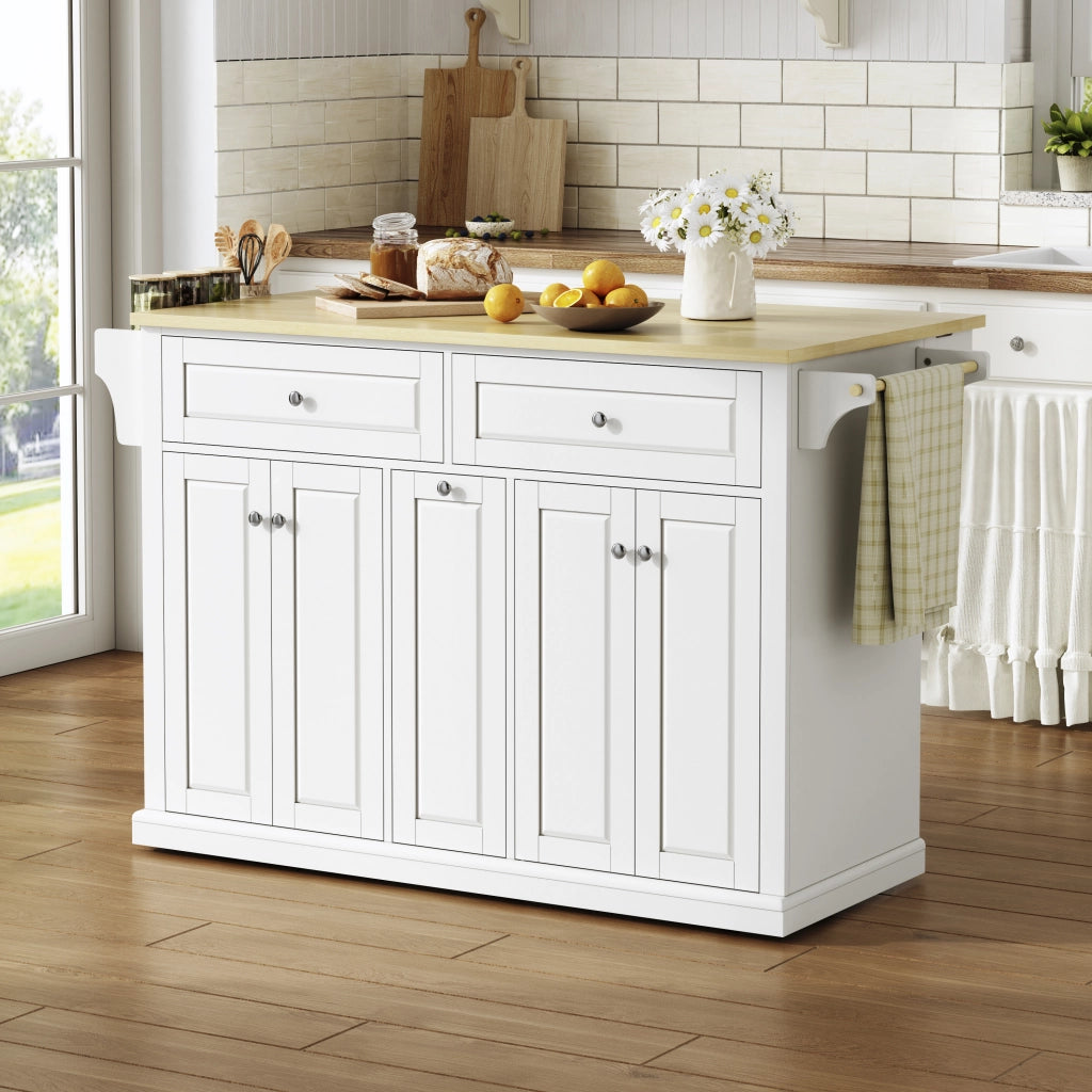 Isola da cucina con piano ribaltabile, carrello cucina in MDF, 2 cassetti grandi, ruote frenanti, 121x49(69)x89 cm