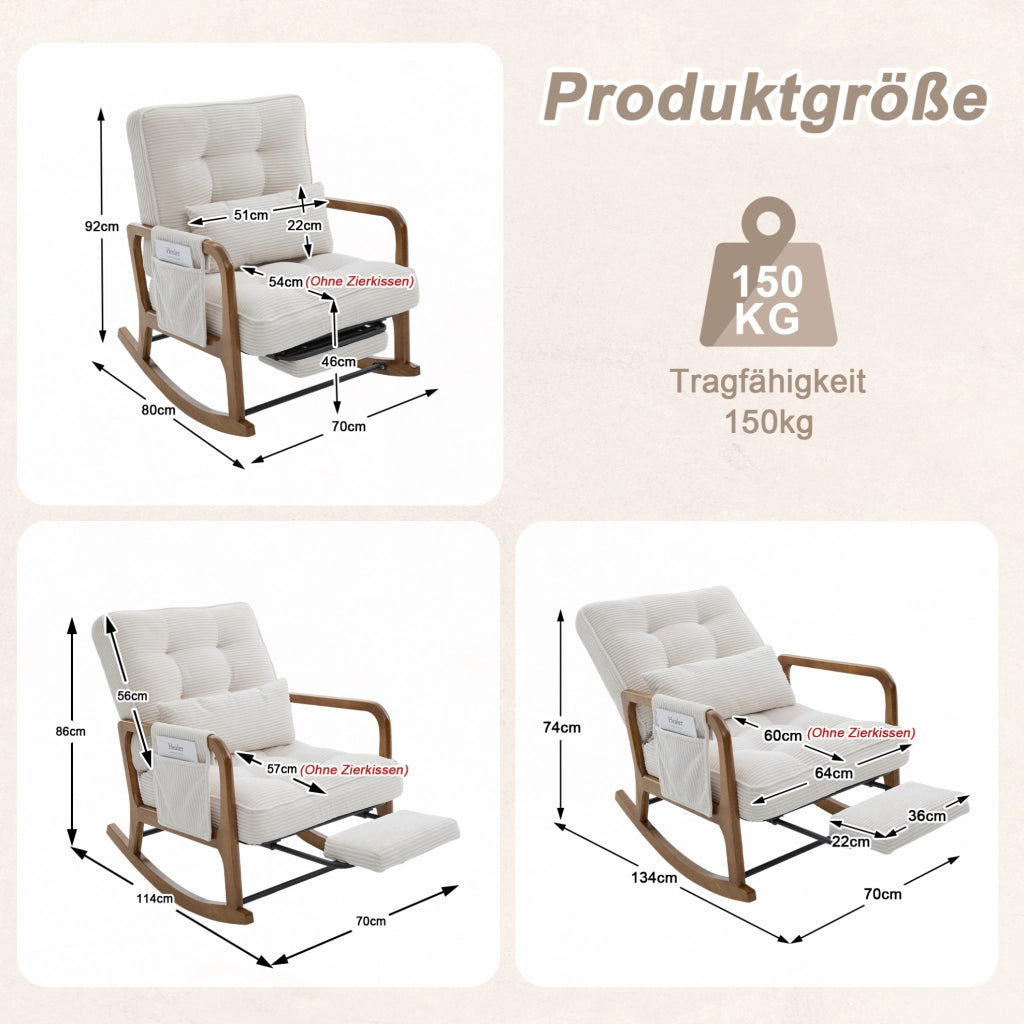 Sedia a dondolo con poggiapiedi in corduroy beige; schienale reclinabile a 3 posizioni; 70x80x92 cm