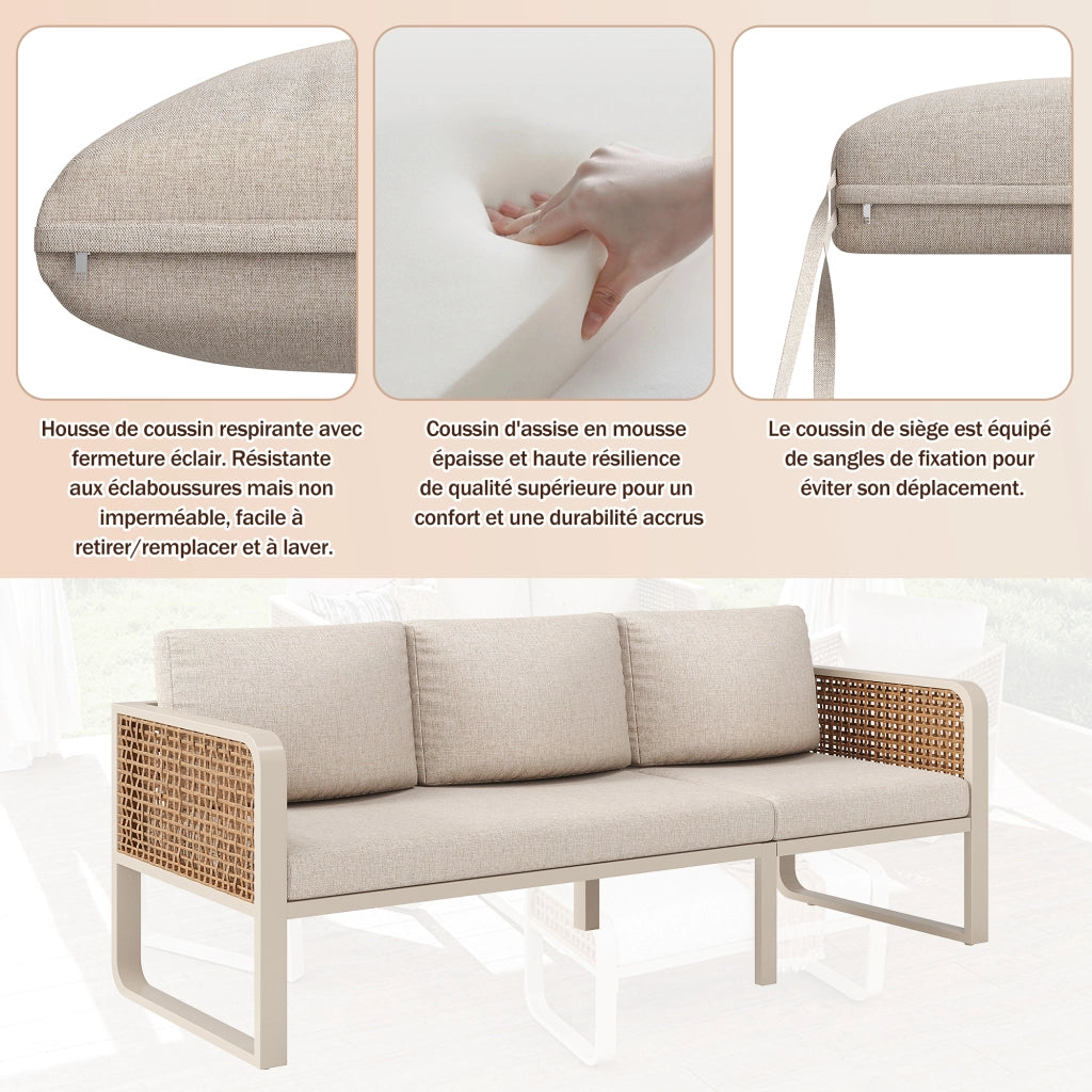 Salotto da Giardino con 2 Poltrone; 1 Divano 3 Posti; 1 Panca e 1 Tavolo; per 6-7 persone; Rattan PE; Ferro e Tessuto Impermeabile; Beige