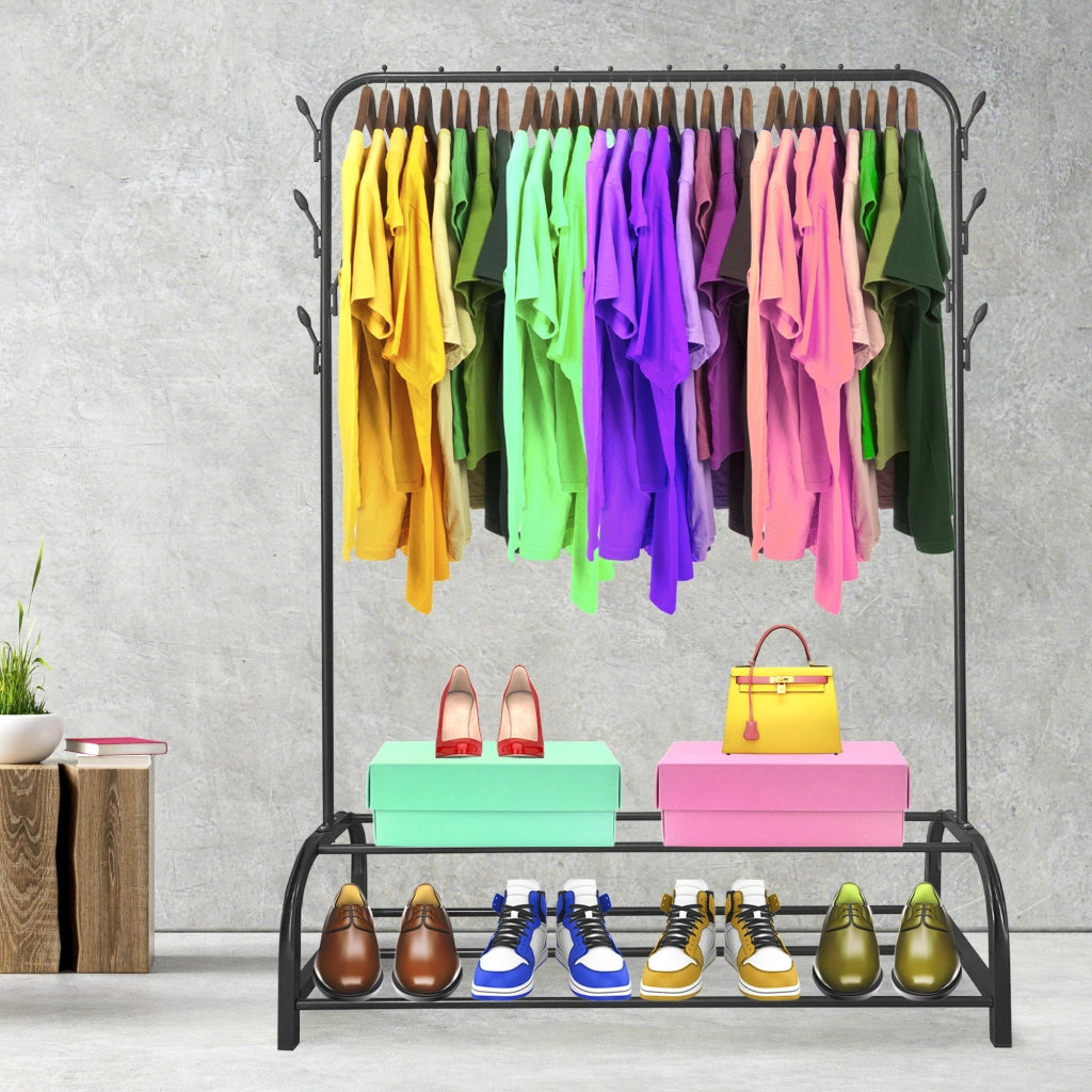 Appendiabiti Donkey Premium Rack a 2 supporti Nyana Home 158x110x39 cm, 1 barra appendiabiti, 8 ganci laterali, 2 ripiani inferiori Nero.