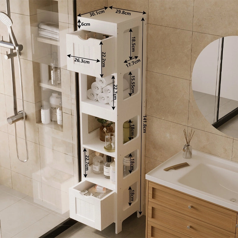 Mobiletto da bagno bianco con colonna con cassetti e ripiano alto, stile loft moderno, 142 cm