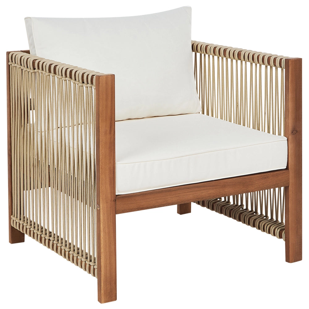 Set di Divano da giardino a 4 posti Legno chiaro Accacia con corda sintetica beige Divano a 2 posti Poltrone e tavolino