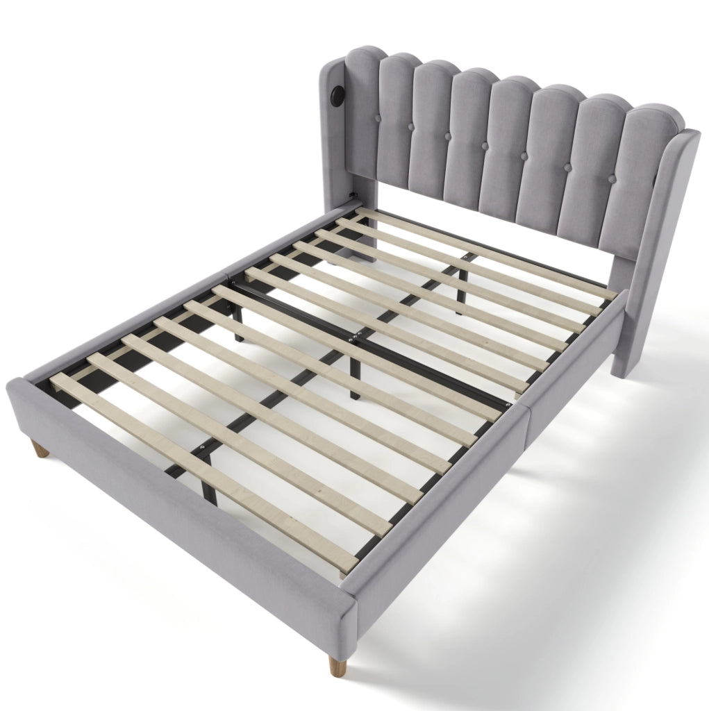 Letto imbottito 140x200 cm con USB e porta Type-C in lino grigio