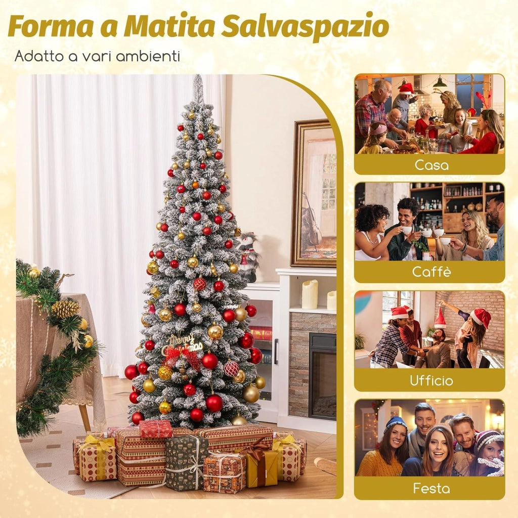 Albero di Natale Slim 120/150/180 cm, Albero di Natale Artificiale Innevato con 240/328/460 Rami e Supporto Metallico Pieghevole, per Piccoli Spazi, Decorazione per Casa e Feste (180 cm)