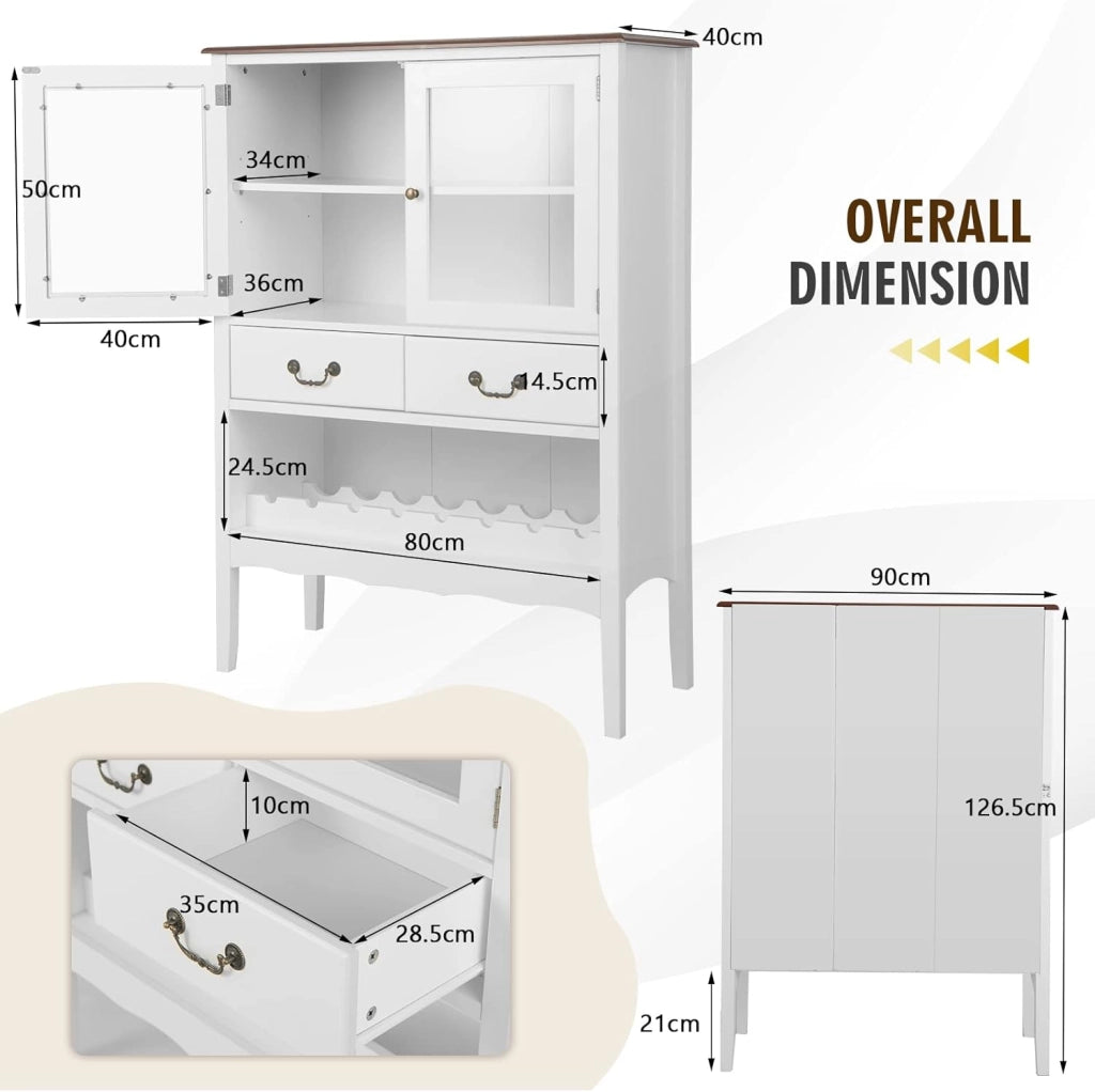 Credenza Soggiorno per Vino 8 Bottiglie, Credenza Cucina con 2 Ante in Vetro e 2 Cassetti, Mobile Ingresso, 90 x 40 x 126,5 cm, Bianco