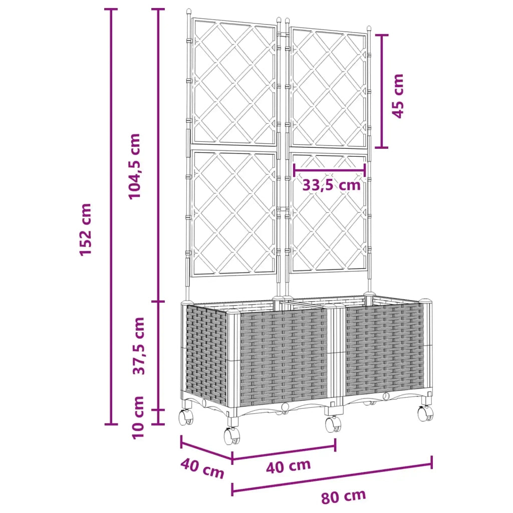 Vaso da giardino con grigliato e ruote 2 pz Nero PP 3422990