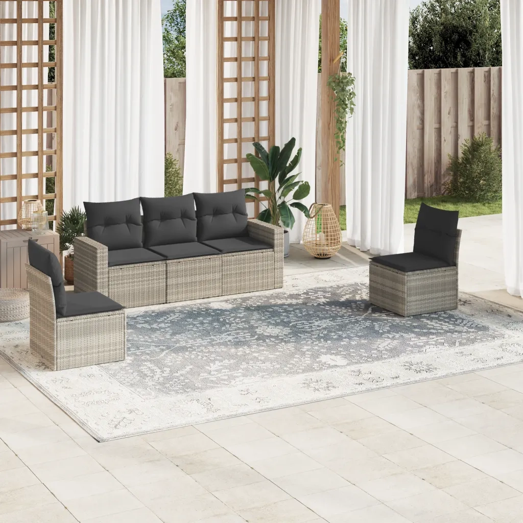 Divano da esterno-Set Divano da Giardino 5 pz con Cuscini Grigio Chiaro Polyrattan