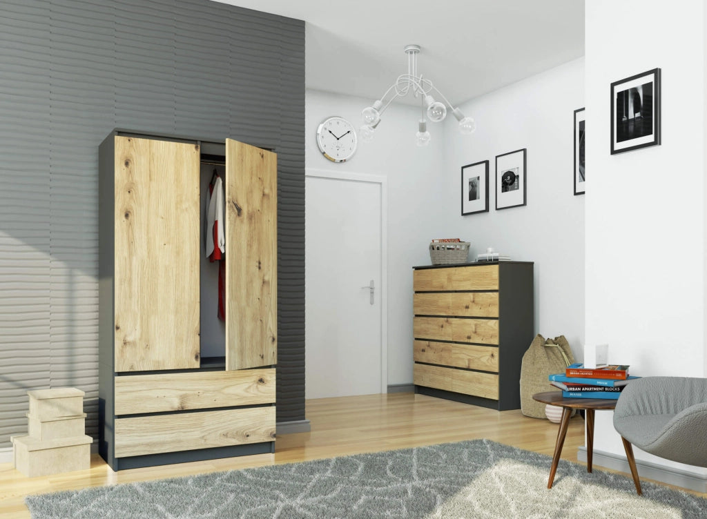 Armadio AKORD S90 Grigia Grafite 90 cm 2 ante 2 cassetti inserto frontale Quercia Artisan 90x51x180 cm