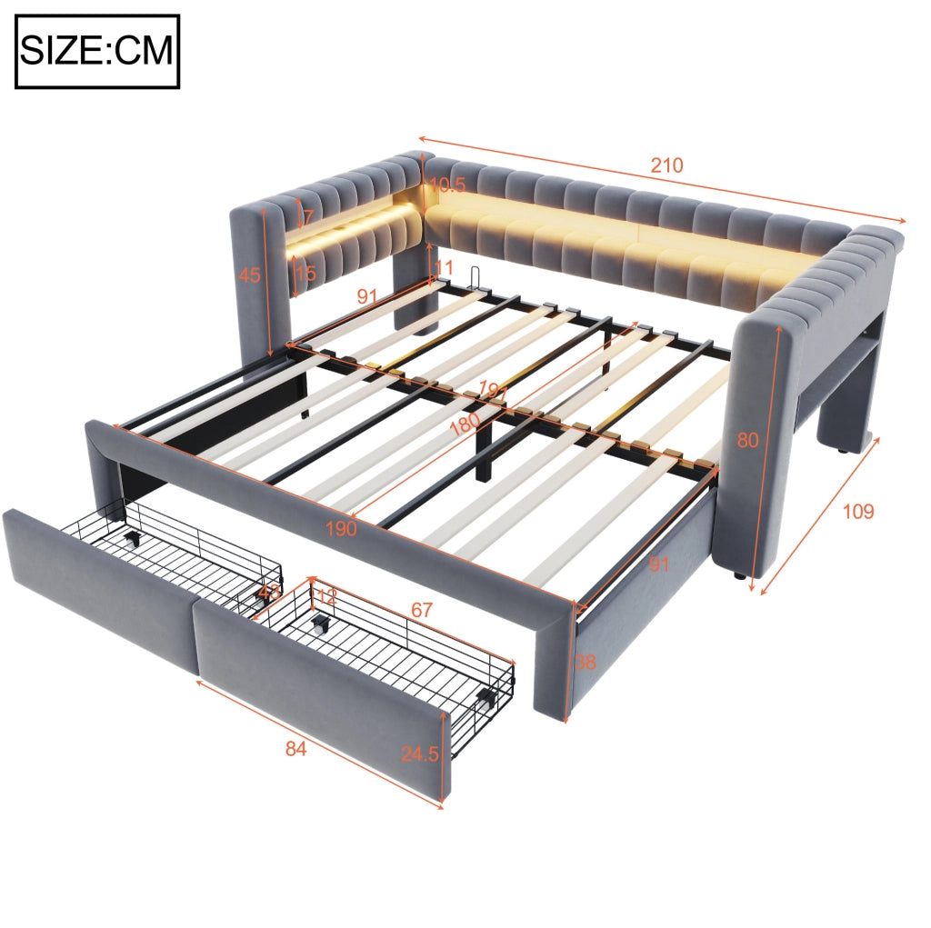 Divano letto imbottito estraibile 90x190/180x190 cm con 2 cassetti; vani contenitore; LED; velluto grigio