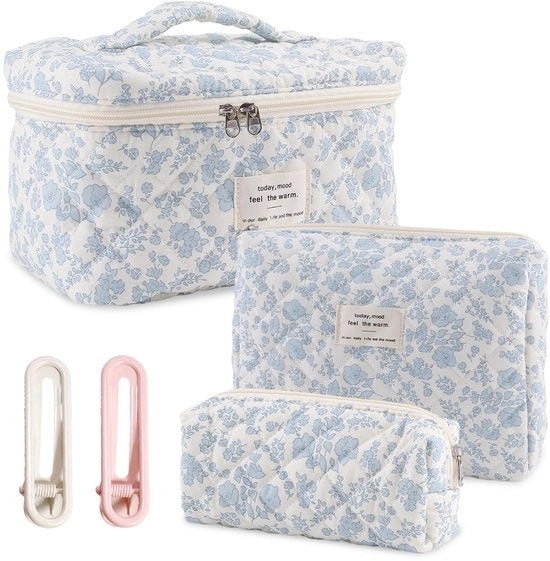 Tas per il trucco 3 in 1 per donne con disegno di fiori Tas per il trucco con maniglia Tas per cosmetici con cintura Tas portatile per donne grandi per uso quotidiano e viaggi