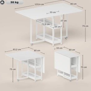 Tavolo da pranzo pieghevole 133,4 x 80 cm bianco, 2 ripiani, salvaspazio