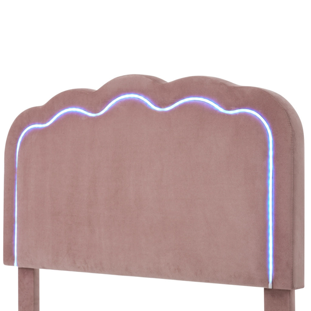 Letto singolo imbottito rosa 90x190 cm con testiera LED regolabile e struttura in velluto