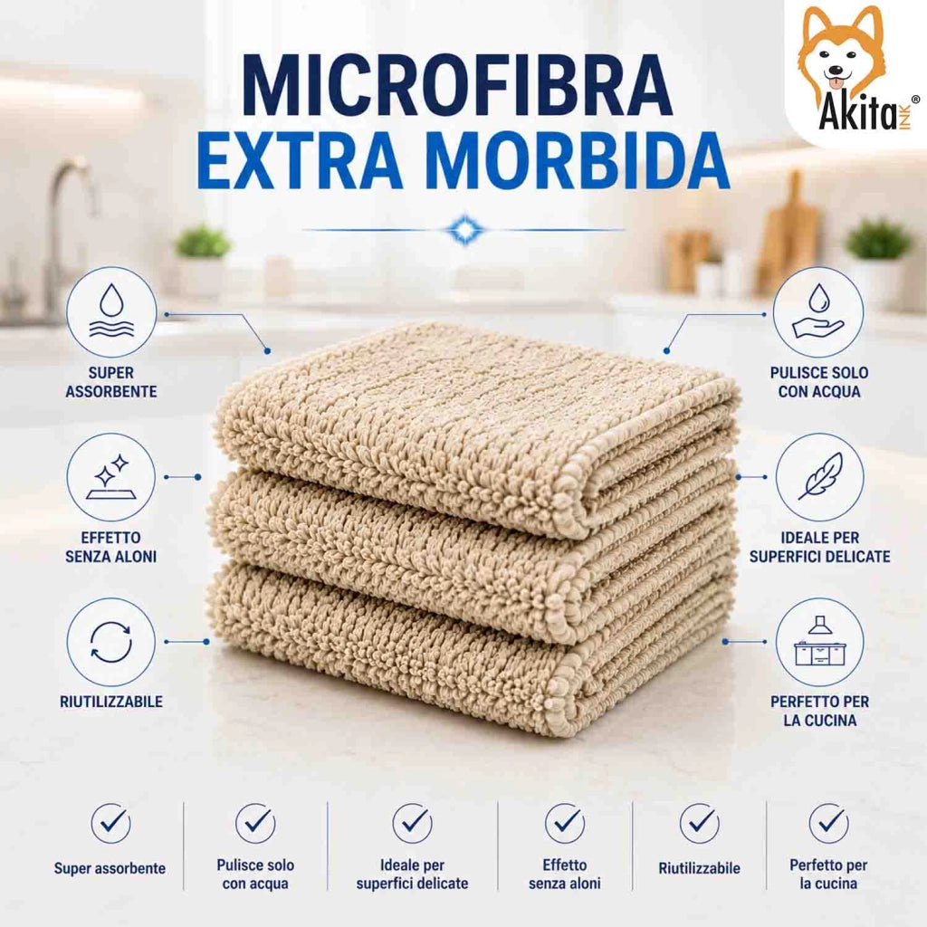 Akitaink 3 Panni Microfibra Extra Morbido Multiuso 36x36 cm