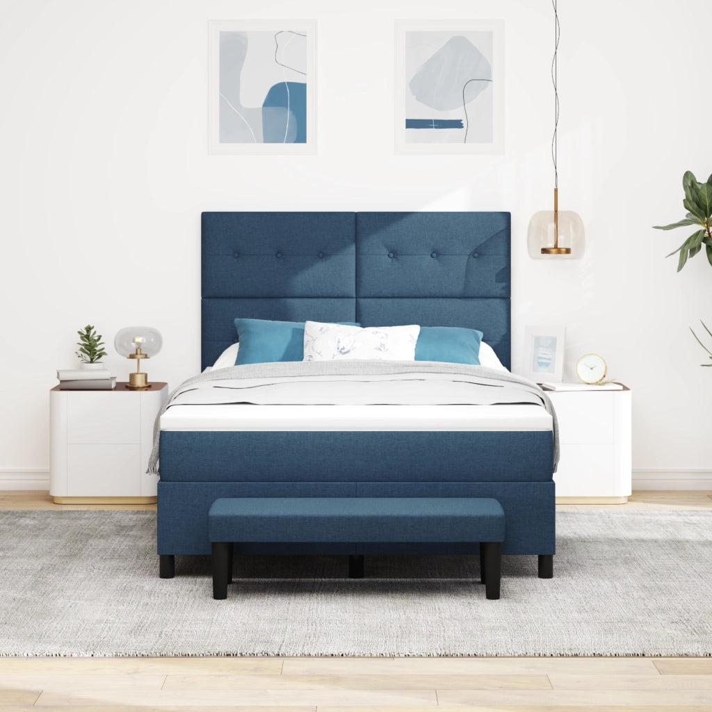 Letto Box Spring con Materasso e Panchina Blu 140x200 cm Tessuto