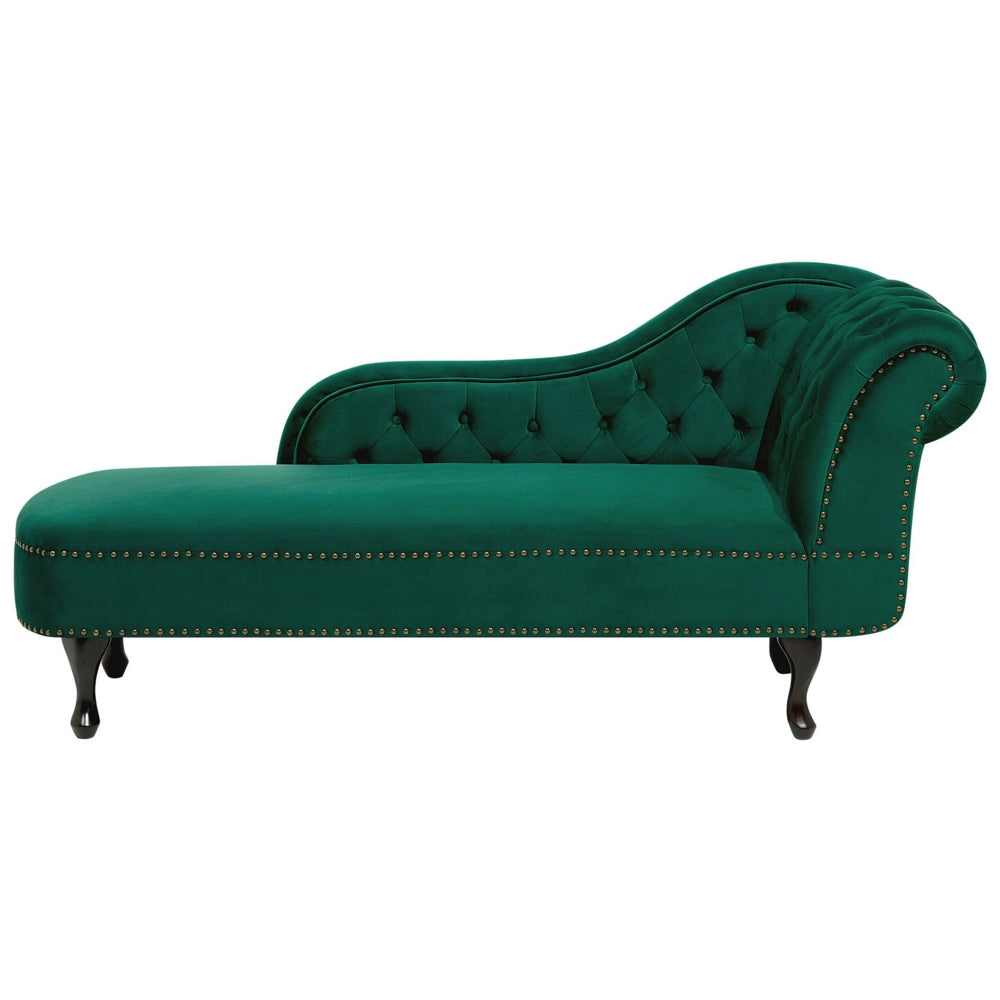 Chaise longue di colore Verde versione destra in Velluto abbottonato testa chiodata Stile Chesterfield
