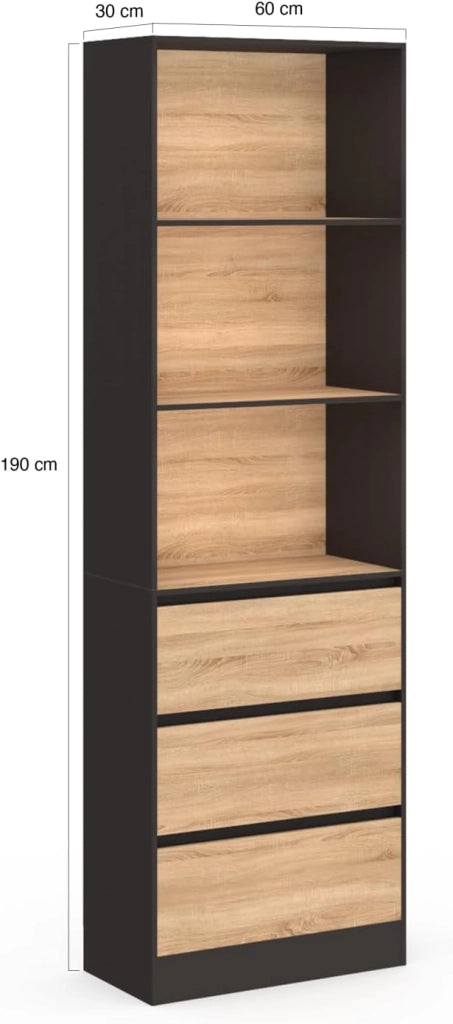 CARLA Libreria a 3 livelli con 3 cassetti neri ed effetto legno H.190 cm