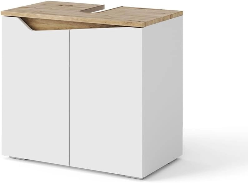 Mobile sottolavabo per bagno Marelle, Bianco/Artisan, 60 x 57.5 cm con 2 porte, con ritaglio per sifone per il montaggio sotto il lavabo