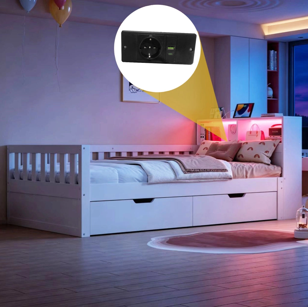 Letto singolo multifunzione 90x200 cm con divano L; LED; prese e contenitore; bianco