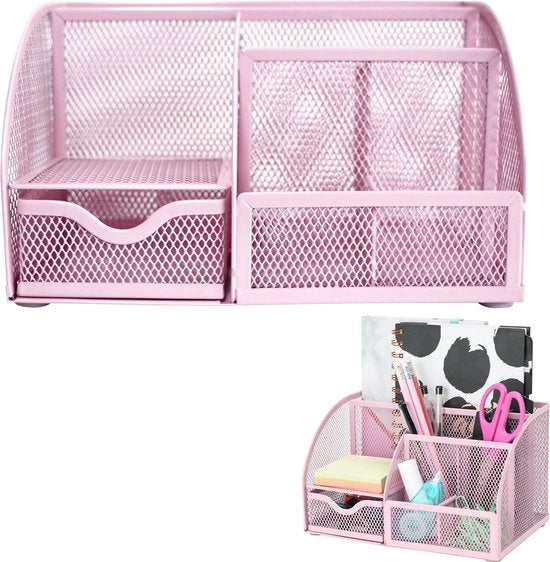 Organizzatore per scrivania - contenitore per penne e organizzatore - comprende 6 compartimenti, 1 cassetto - organizzatore per scrivania in metallo con supporto antiscivolo EVA - colore rosa - dimensioni 8,7 x 5,5 x 5 pollici