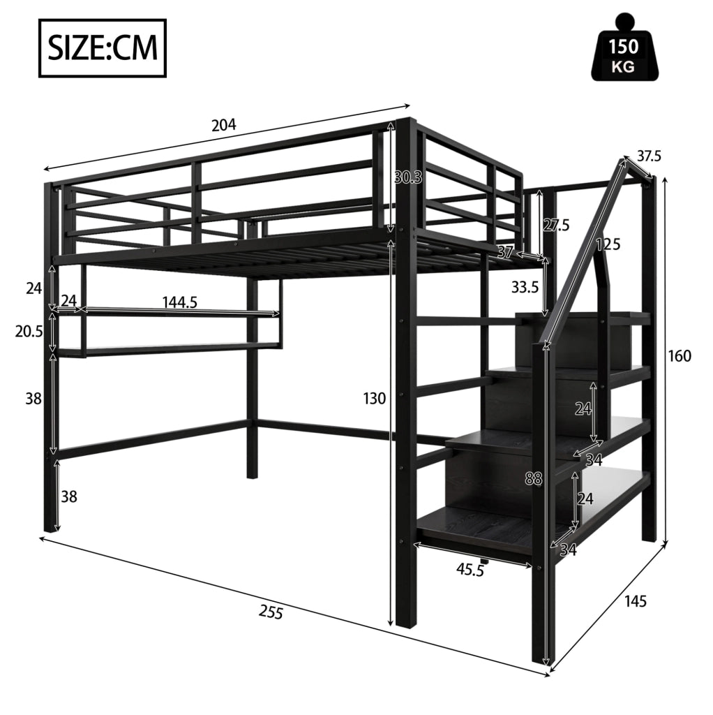 Letto a soppalco 140x200 cm; con ripiani e scala contenitore; metallo nero (Senza materasso)