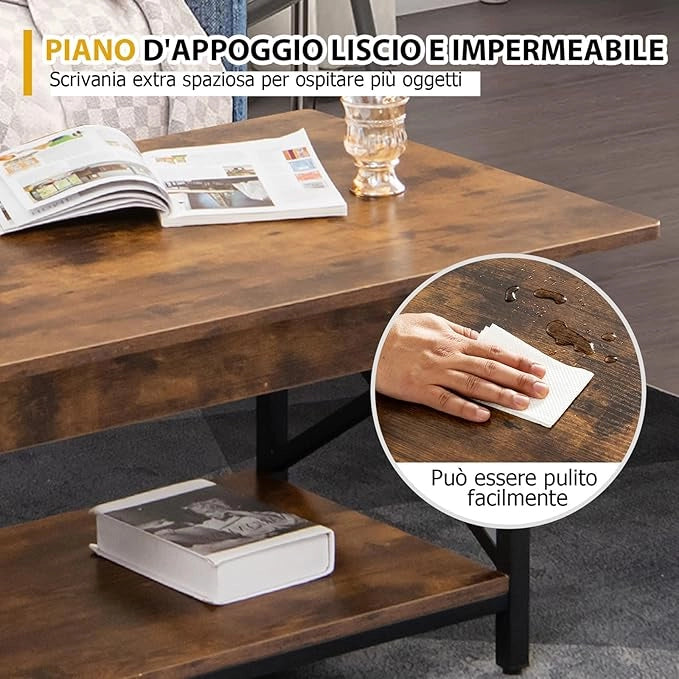 Tavolino da Salotto 2 Livelli, Tavolino da caffè Industriale con Struttura in Metallo a Forma di X, Tavolino Rettangolare per Soggiorno, Studio e Ufficio, 60 x 110 x 48 cm (Marrone)
