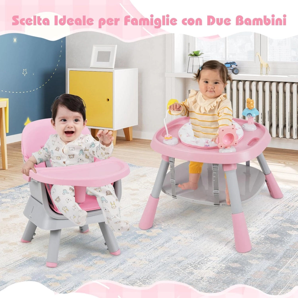Seggiolone Pappa Bambini, con Cintura e Vassoio Rimovibile (Rosa) | Sedia Evolutiva per Neonati 6-36 Mesi con Cintura e Vassoio Rimovibile, 3 Giochi e Cestino