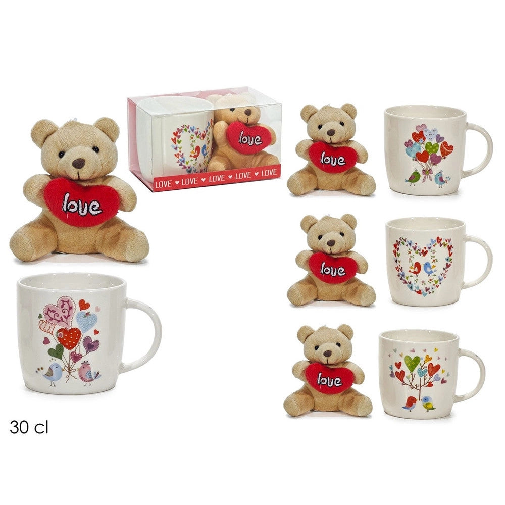 Trade Shop - Set Tazza 30cl In Ceramica Con Orsacchiotto Di Peluche Cuore Rosso Regalo San Valentino -