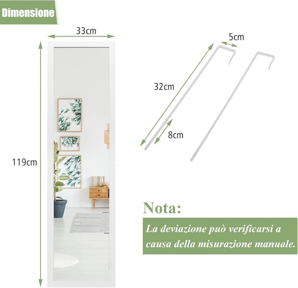 Specchio a Figura Intera Sopra la Porta, Specchio da Parete Lungo con Ganci per la Porta, Ideale per Camera da Letto Soggiorno Ingresso, 33x119 cm (Bianco)