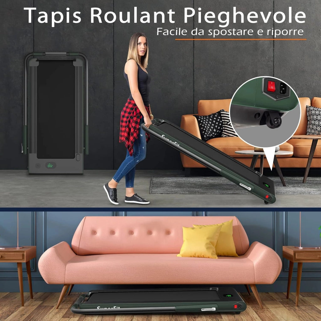Tapis Roulant 2 in 1, Tapis Roulant Elettrico Pieghevole Salvaspazio da 0,75HP con App e Telecomando, Supporto per Cellulare, Display a LED e Altoparlante