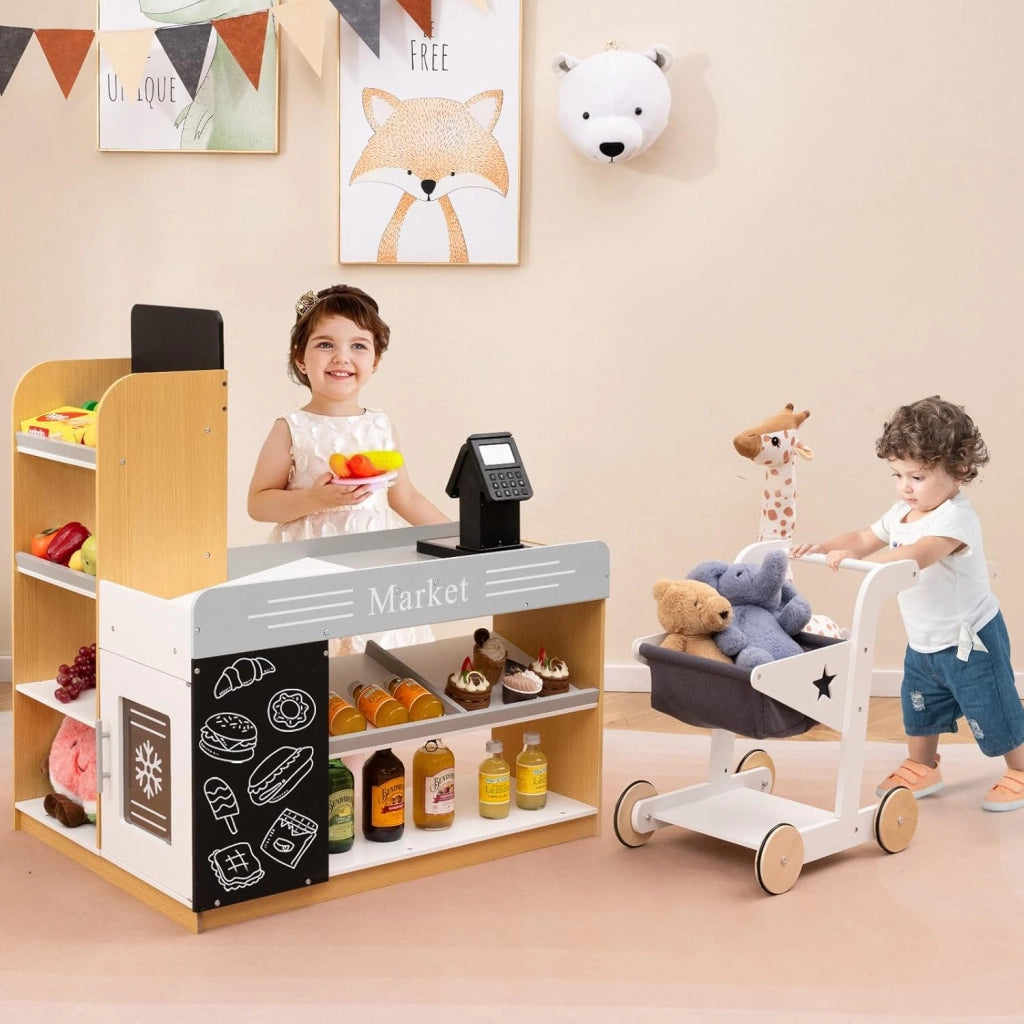 Set da Gioco da Supermercato, Banco di Mercato per Bambini in Legno con Carrello della Spesa, 2 Lavagne e Registratore di Cassa, Scaffali Espositivi, per Bambini 3+ Anni