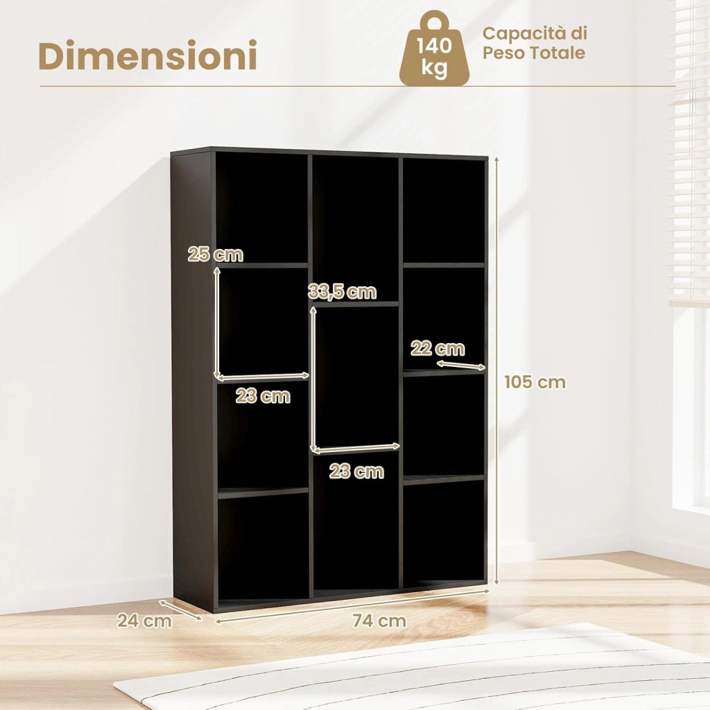 Libreria a 11 Cubi, Scaffale Moderno Geometrico con Kit Anti-Ribaltamento, Organizzatore di Libri Multifunzionale per Soggiorno Camera da Letto Studio, 74 x 24 x 106 cm (Nero)