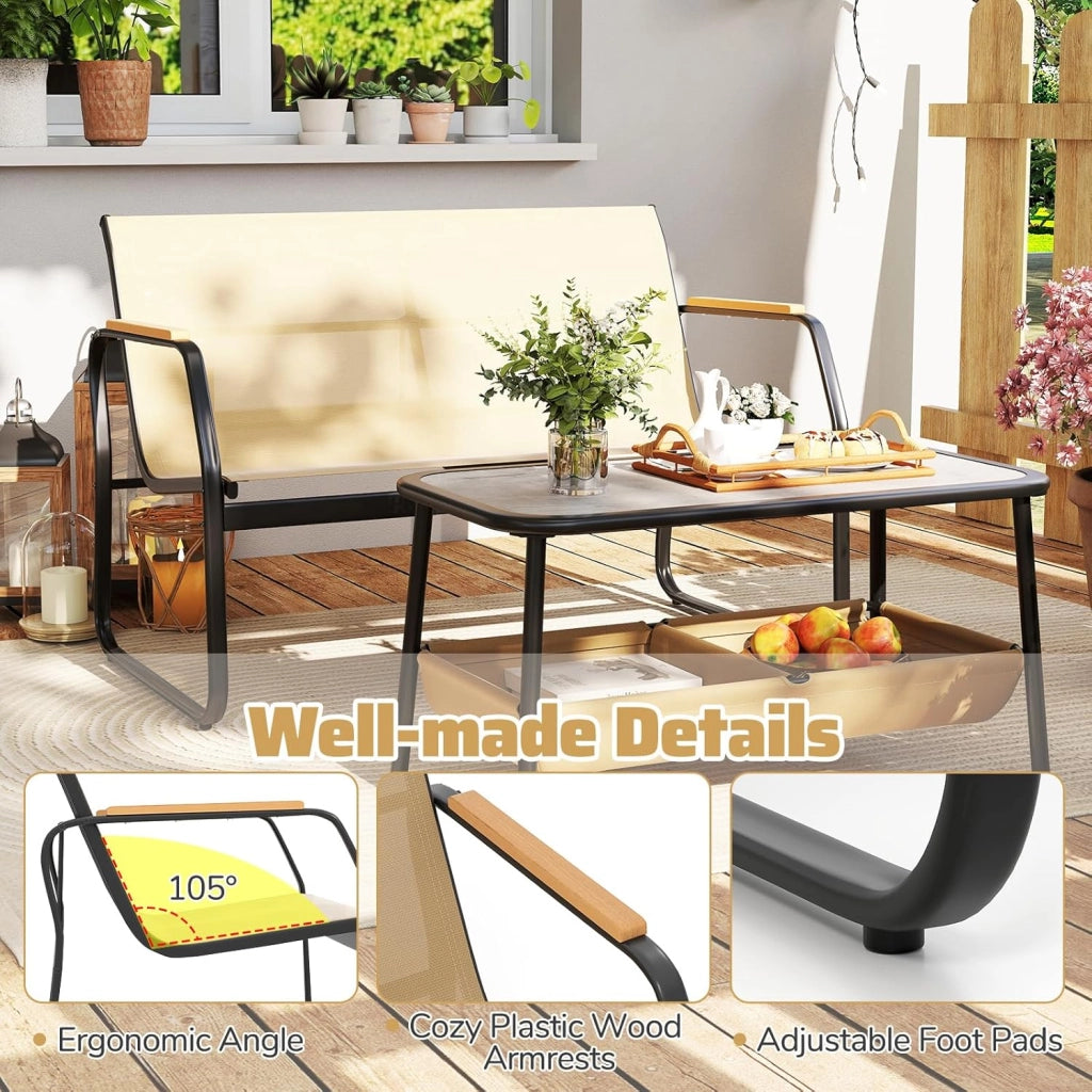 Set di Mobile da Giardino in 2 Pezzi, Set Tavolo e Sedie da Balcone in Tessuto Textilene, Set da Bistrò con Divanetto 2 Posti e Tavolino con 2 Scomparti di Stoccaggio, per Veranda, Marrone