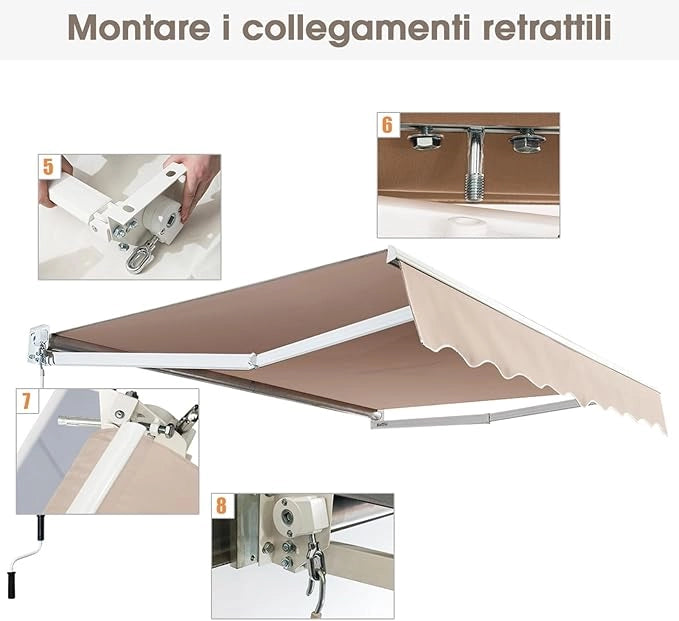 Tenda da Sole per Esterno Avvolgibile, Tenda da Sole a Bracci Estensibili con Telaio in Alluminio e Tettuccio Resistente al Sole e Impermeabile e Manovella (Beige, 245 x 200 cm)