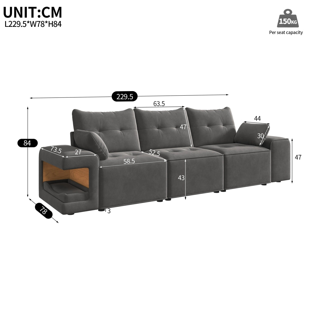 Divano modulare a 3 posti con braccioli larghi e vani portaoggetti, nicchie per animali in velluto grigio 229,5 × 78 × 84 cm