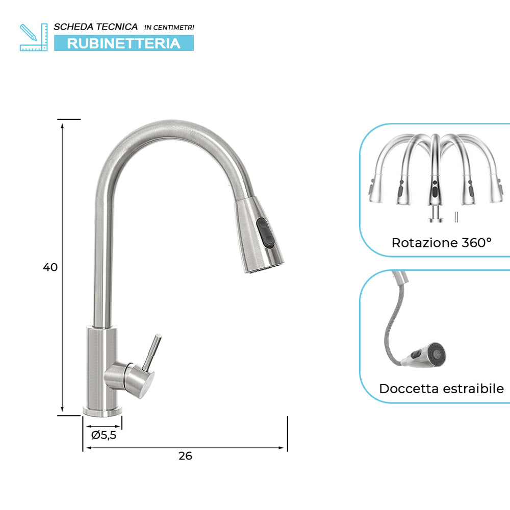 MISCELATORE RUBINETTO LAVELLO CUCINA ACCIAIO SPAZZOLATO + DOCCETTA ESTRAIBILE "KITCHEN" FERIDRAS 401060