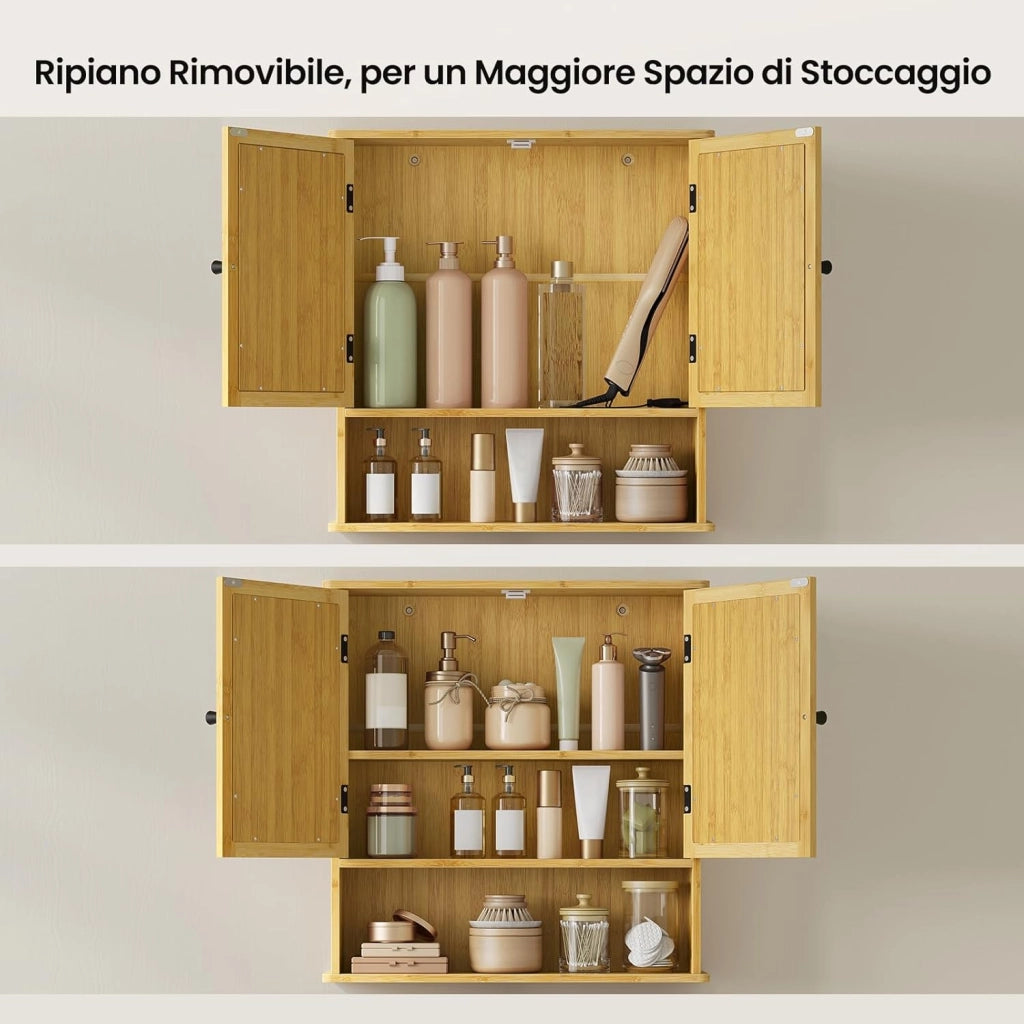 Mobiletto da Bagno Sospeso con Specchio e Ante in Bambù, Armadietto Salvaspazio, Contenitore da Parete, con Ripiano Regolabile, Scomparto Aperto, 56x14x58 cm