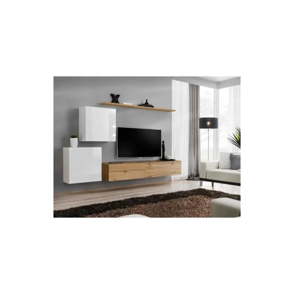 Set di mobili sospesi per il tuo soggiorno, collezione SWITCH V. Colori rovere Wotan e bianco lucido.