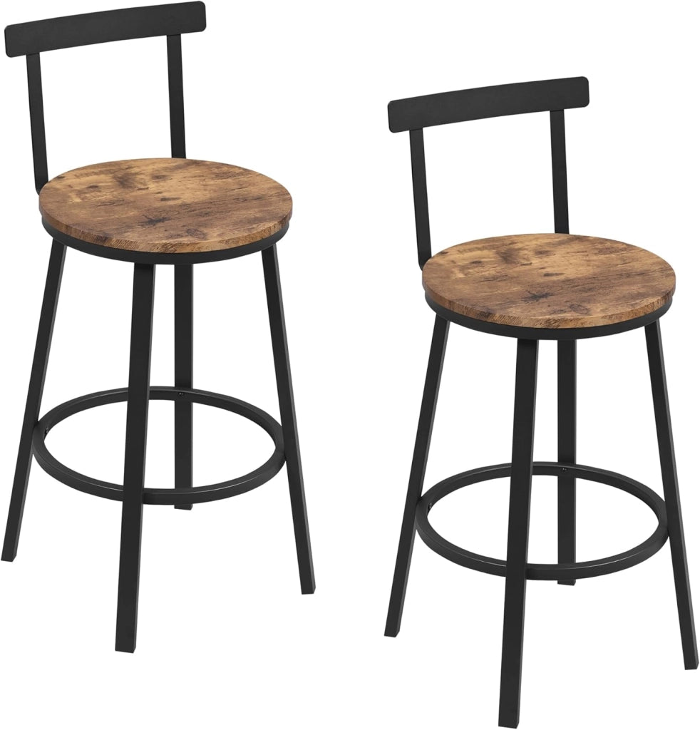 Sgabelli Cucina Set di 2, Sgabelli da Bar per Colazione, con Poggiapiedi e Schienale, Struttura in Metallo, Effetto Legno Chiaro
