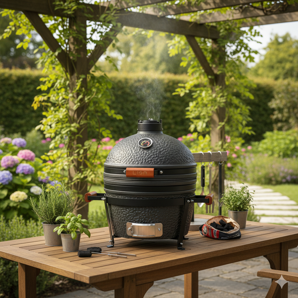 Barbecue a Carbone Carbonella da Appoggio Ø40,5 cm in Ceramica di Mullite Kamado Lisa Luxury 16” Nero