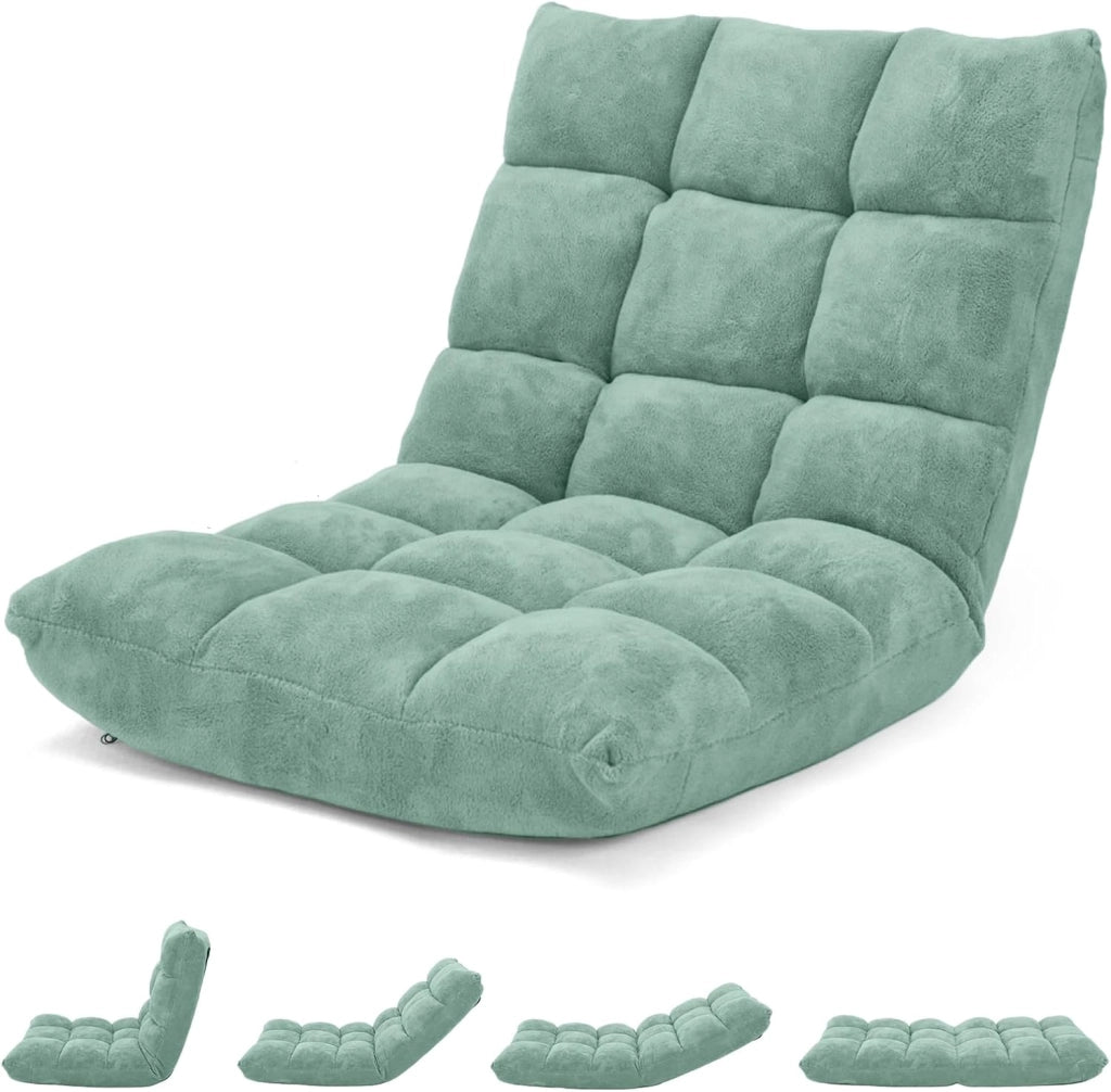 Sedia da Pavimento, Poltrona Imbottita Regolabile in 14 Posizioni 90°-180°, Cuscino da Terra Pighevole Imbottito, Sedia Reclinabile per Relax, Yoga, Lettura (Verde)