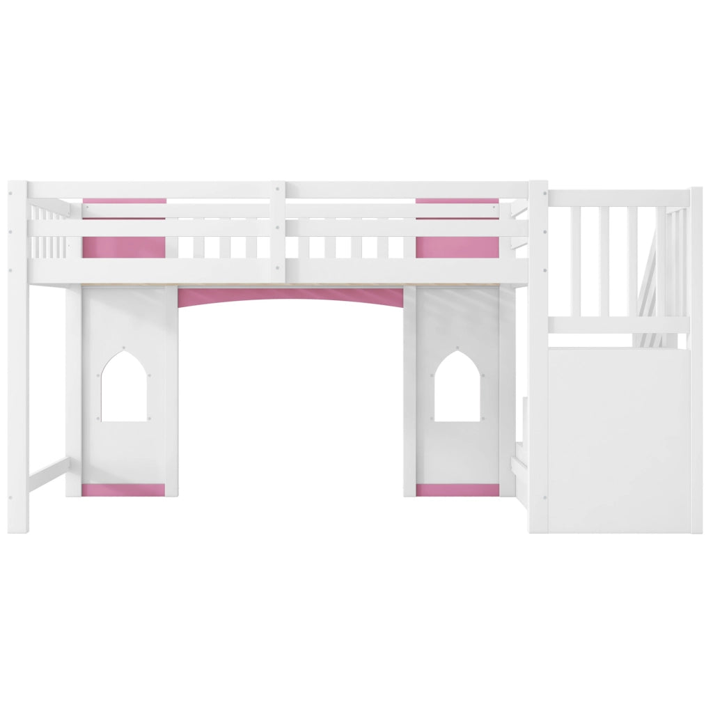 Letto a soppalco 90x200 cm con scala contenitore, bianco/rosa