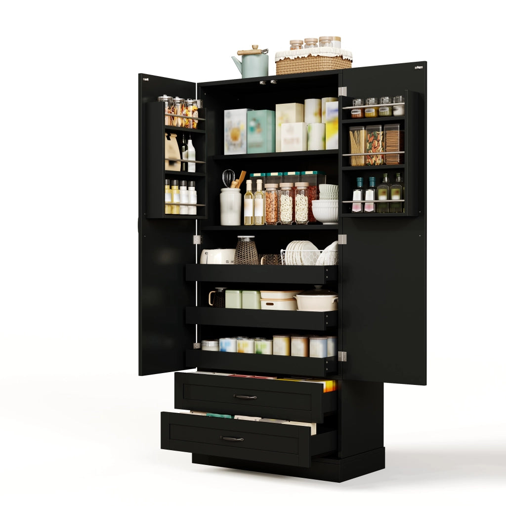Colonna da cucina con 3 ripiani estraibili e 2 cassetti; per cucina; in MDF; 80x37.5x180 cm; nero