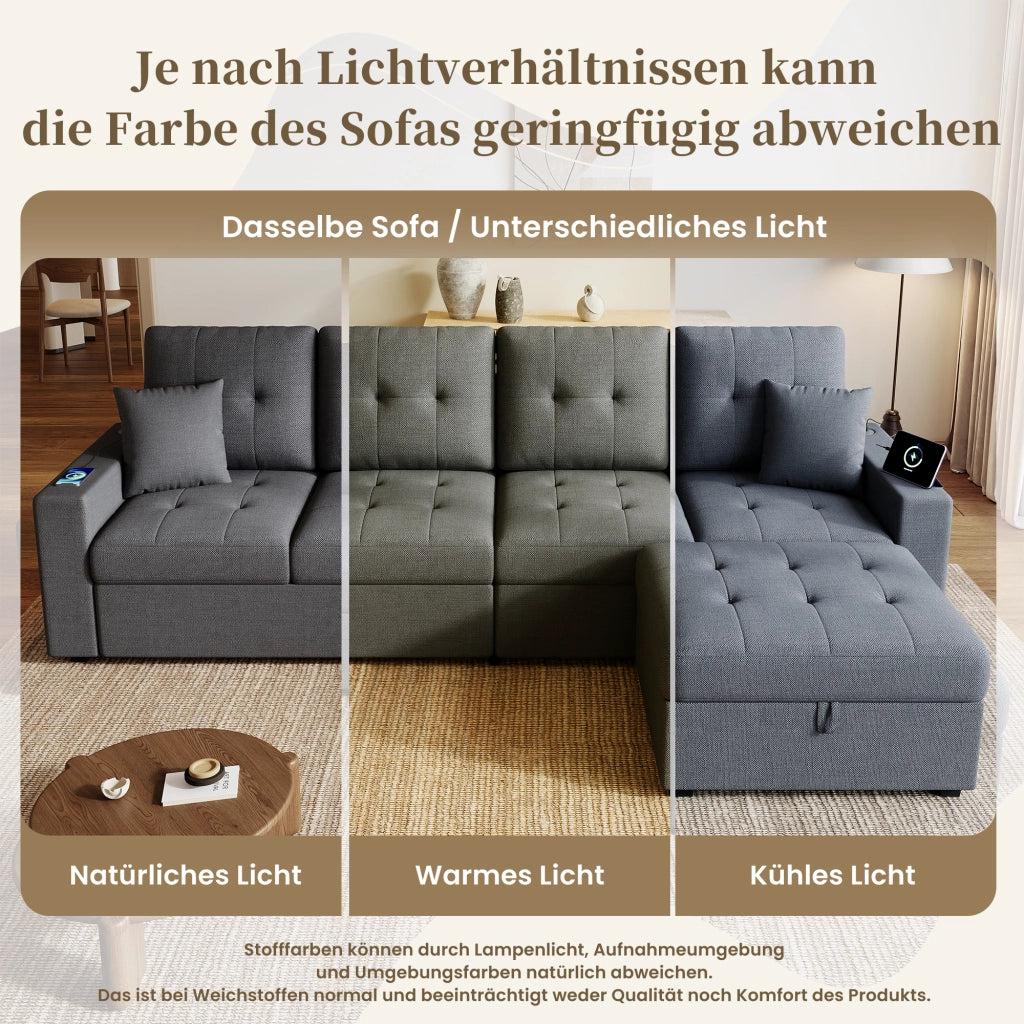 DIVANO ANGOLARE L 4 POSTI 253 cm Grigio Antico in Lino con pouf posizionabile