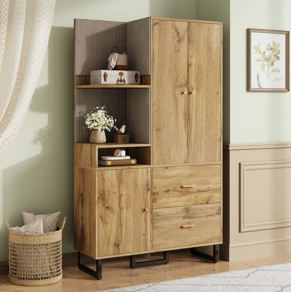 Guardaroba compatto 110x38x186 cm con appendiabiti estraibile e cassetti in MDF nero e naturale
