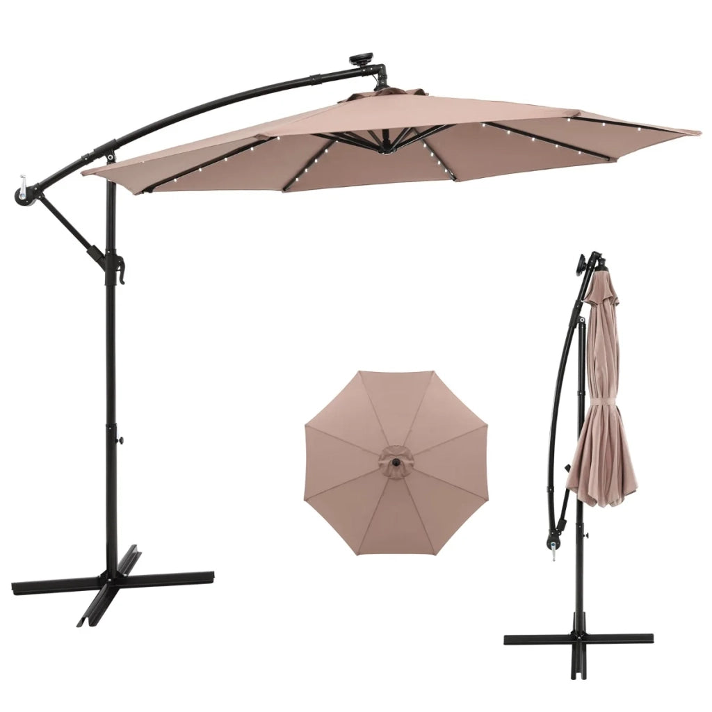 3m Solar Patio Offset Umbrella Adjustable with 40 LED and Cross Base Stand-Brown