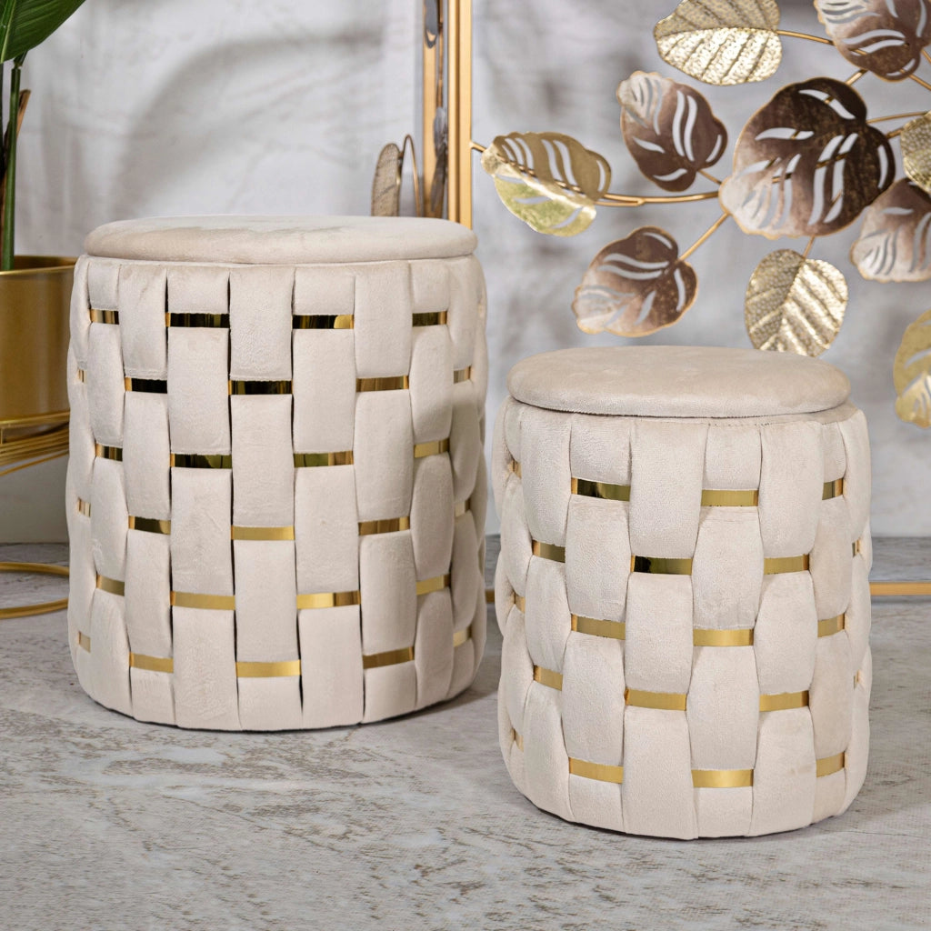 Kasane, Pouf Contenitore set da 2, 37x37x42h cm Bianco Crema